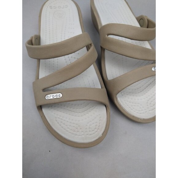 Crocs Sandals Womens 7 Patricia Slip On ZStrap Wedge Slide 10386 Tan Beige - Picture 8 of 8
